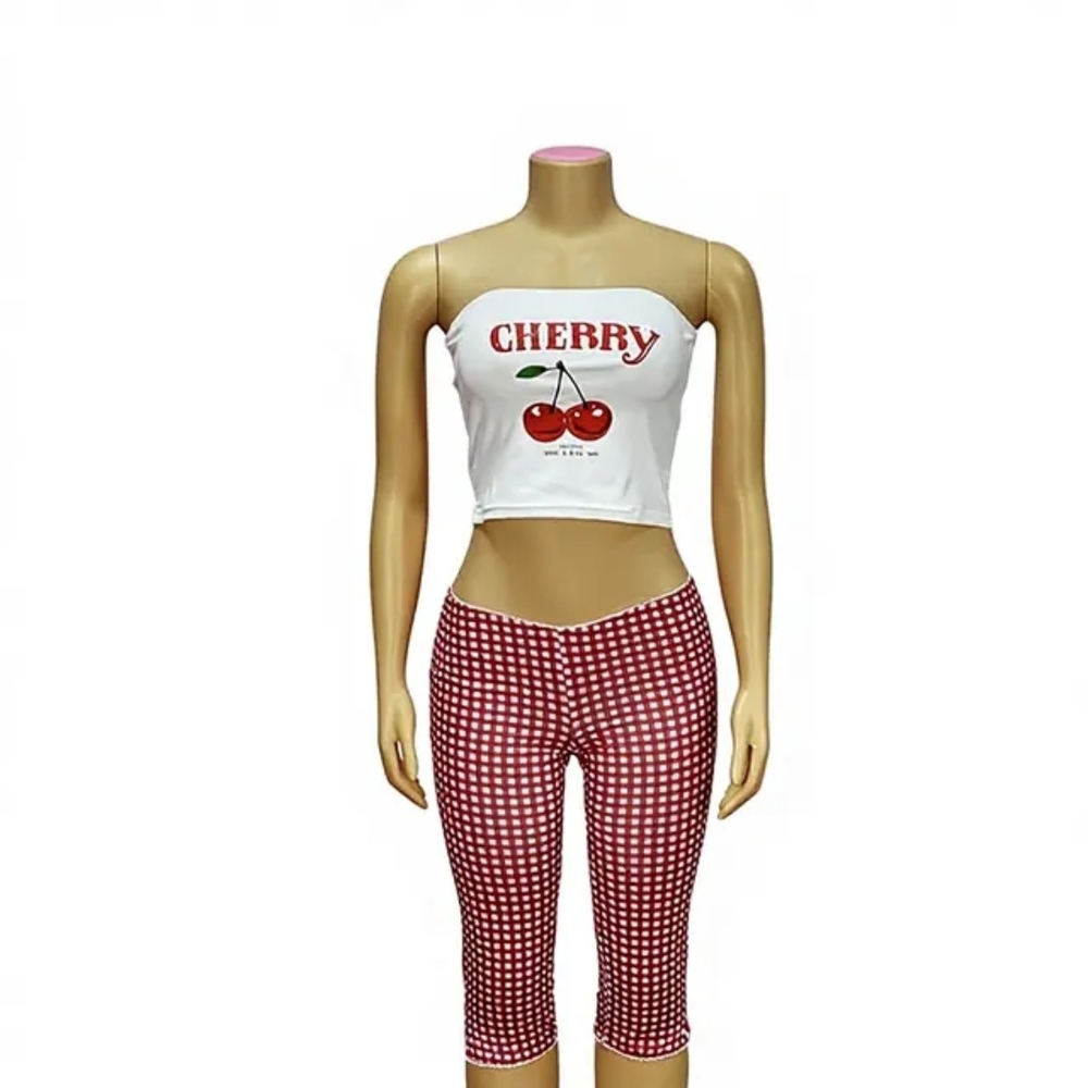 Cherry Graphic White Tube Top & Red Gingham Capris Set